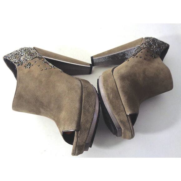 SAM EDELMAN Una 9M Taupe Suede Beaded Peep Toe Platform Shooties Booties Shoes - Picture 5 of 10